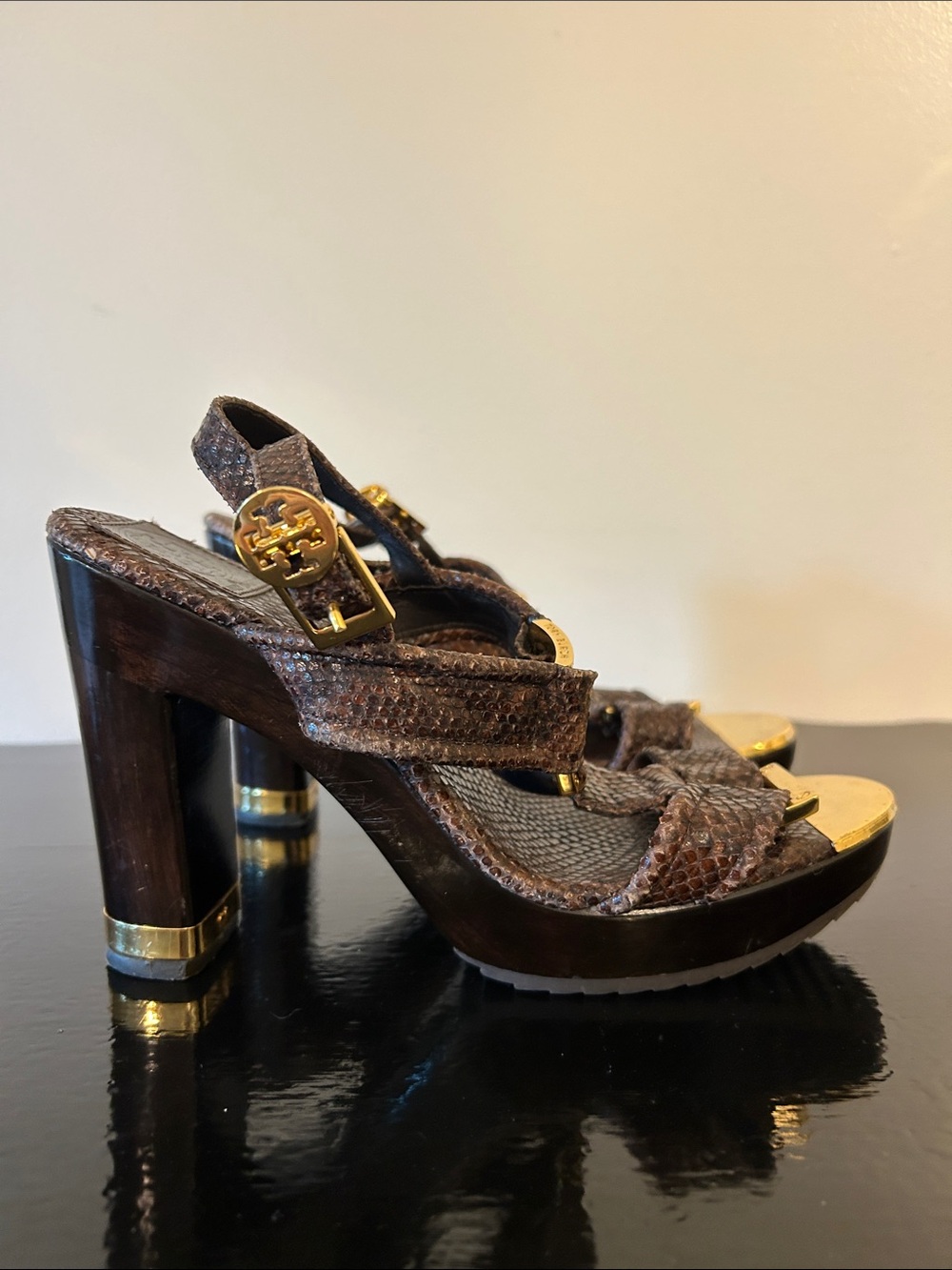 Tory Burch “Karmen” Snakeprint Sandals with Gold Hardware Size 8 - Picture 4 of 13